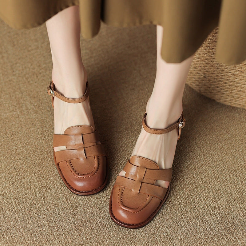 Classic French Style Block Heels Women Leather Gladiator Sandals in Coffee/Brown - Image 5