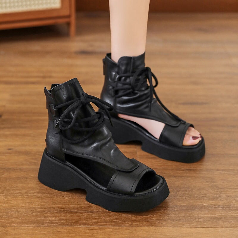 Leather Platform Sandals Boots For Women Peep Toe Gladiator Sandals in Black/Brown/Khaki - Image 4