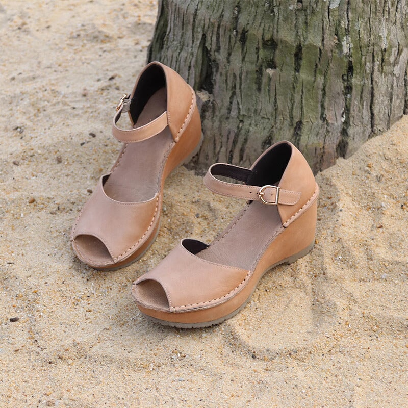 Handmade Leather Wedges Sandals Ankle Strap Peep Toe in Black/Khaki/Brown - Image 5