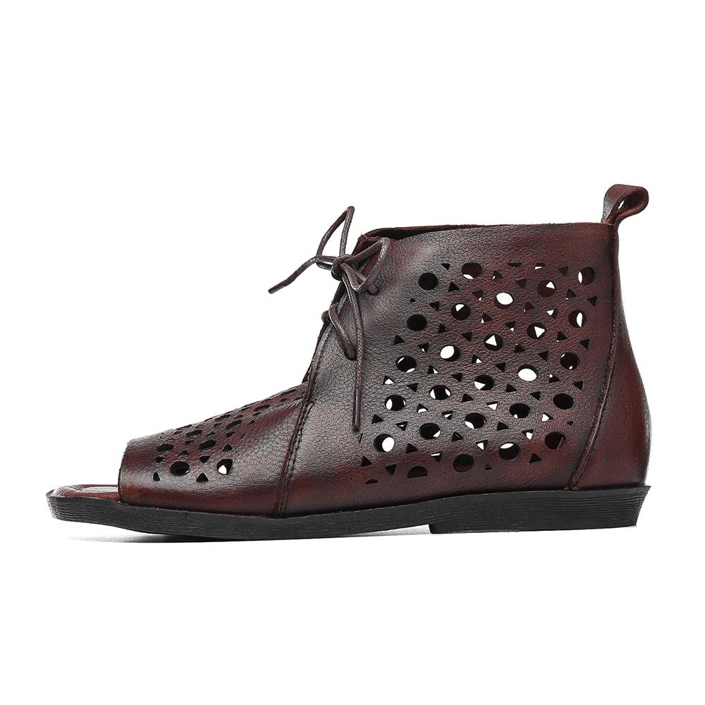 Handmade Retro Leather Lace Up Summer Sandals For Women Open Toe Coffee/Black/CoffeeNew/BlackNew - Image 3