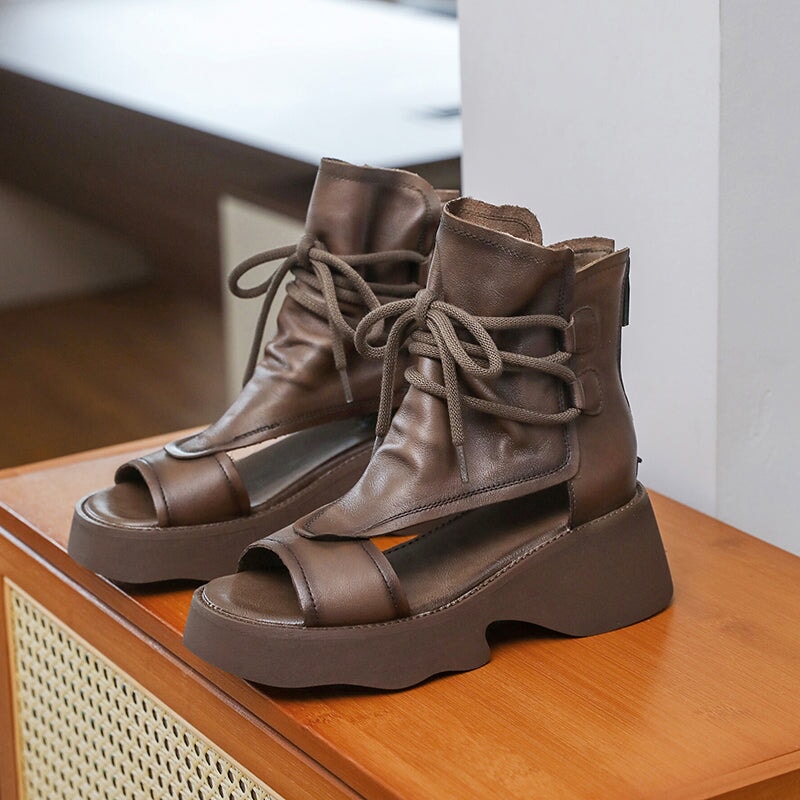 Leather Platform Sandals Boots For Women Peep Toe Gladiator Sandals in Black/Brown/Khaki - Image 3