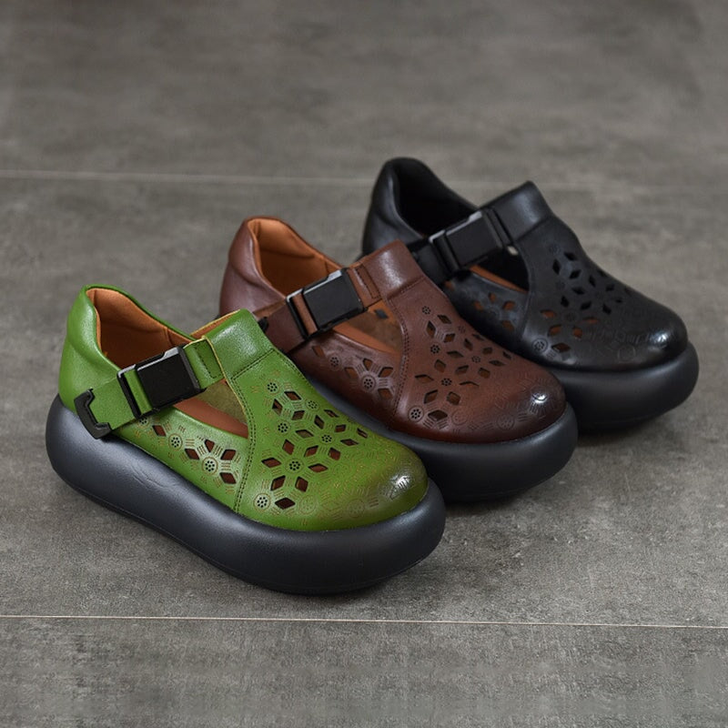 Mori Girl Style Hollow Out Soft Leather T-Strap Platform Shoes for Women with Buckle in Black/Green/Brown - Image 5