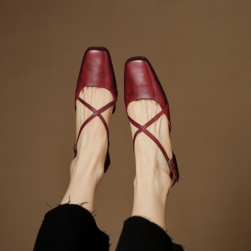 Handmade Vintage Leather Cross Straps Slingback Sandals in Apricot/Purple/Wine Red - Image 2