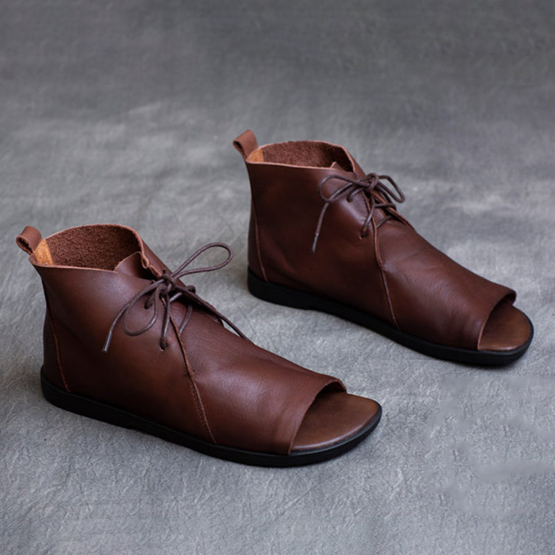 Handmade Retro Leather Lace Up Summer Sandals For Women Open Toe Coffee/Black/CoffeeNew/BlackNew - Image 13