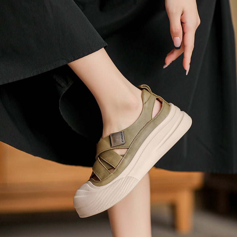 Platform Hollow-Out Low-top Roman Sandals Cow Leather Fisherman Shoes in Beige/Yellow/Green - Image 5