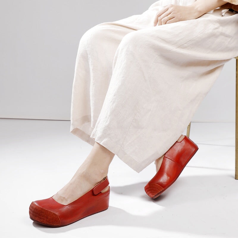 Handmade Leather Chunky Sandals Closed Toe Slingback in Khaki/Black/Red - Image 3